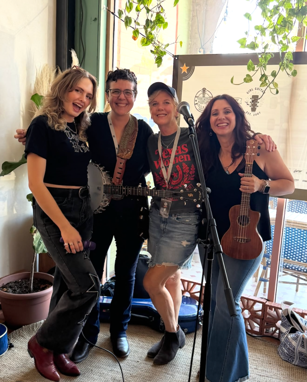 Wendy Lorraine Colonna, Amethyst Jonquille, Rita Bliss, and news reporter takinga smiling photo together after performing at Chaparral Cantina on September 18, 2026
