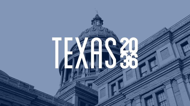 Texas 2036 logo over the Texas capital building.